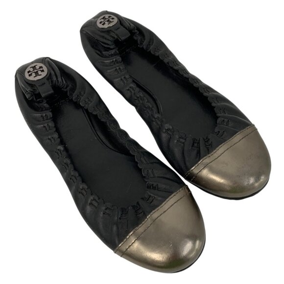 Tory Burch Abbey Black Leather Ballet Flats W/ Metallic Cap Toe Size 7.5 EUC - Picture 1 of 11